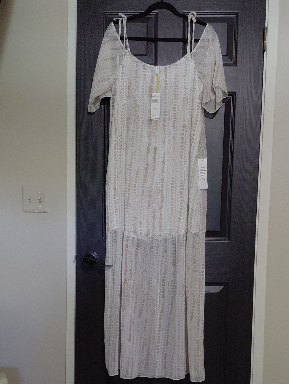 NWT- BCBGeneration Light Beige Printed Cold-Shoulder Maxi Dress with Tie Straps